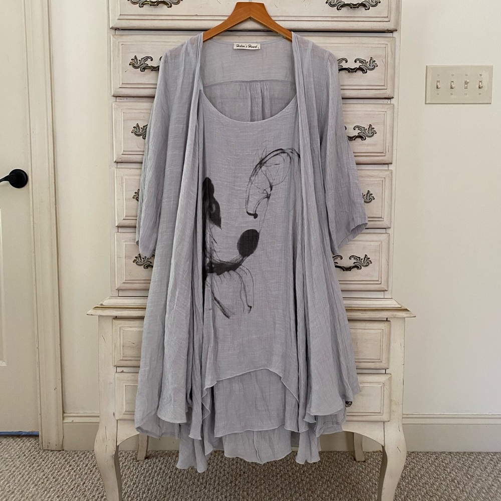 Boho Light Gray Layered Cotton Dress with Watercolor Detail